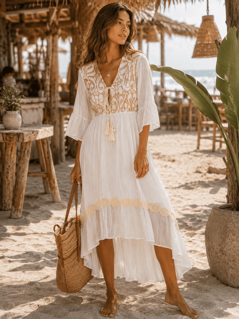 Boho Embroidered V-Neck White Beach Dress with Tassel Tie